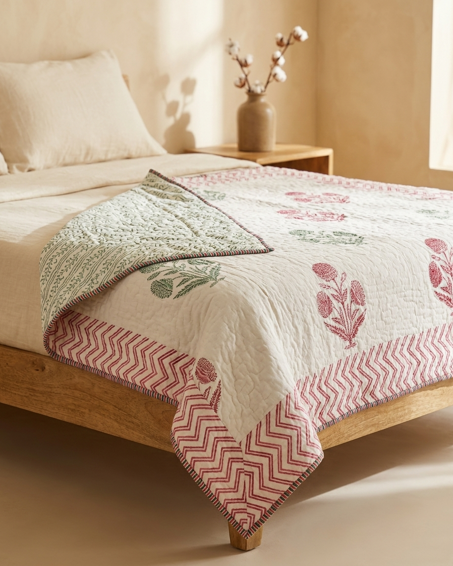Jaipuri Hand Block Printed Cotton Dohar | Reversible Lightweight Quilt – Floral Motif (AC Comfort) | Rosaya