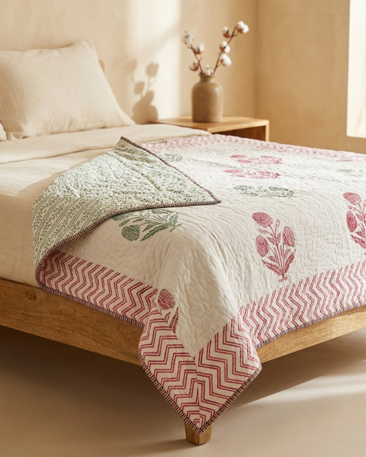 Jaipuri Hand Block Printed Cotton Dohar | Reversible Lightweight Quilt – Floral Motif (AC Comfort) | Rosaya