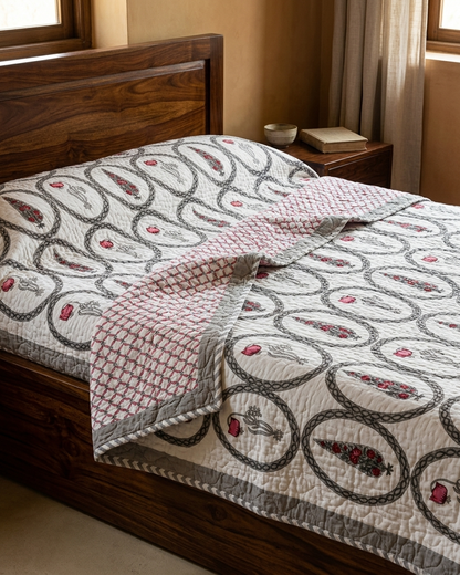 Jaipuri Cotton Dohar – Grey & Pink Buti Medallion Print Reversible Lightweight Quilt (Double Bed) | Rosaya