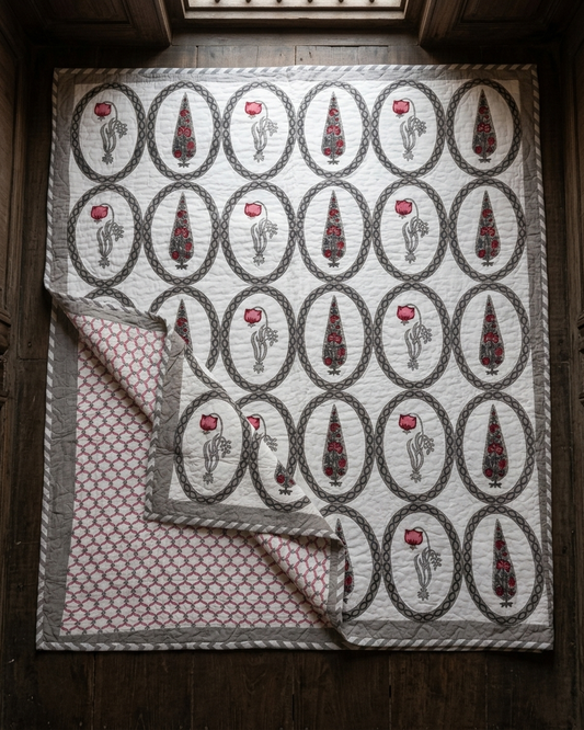 Jaipuri Cotton Dohar – Grey & Pink Buti Medallion Print Reversible Lightweight Quilt (Double Bed) | Rosaya