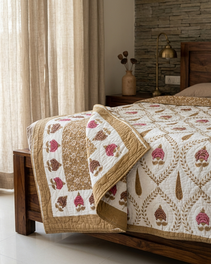 Jaipuri Cotton Dohar – Mustard Gold & Pink Floral Jaal Reversible Lightweight Quilt (Double Bed) | Rosaya