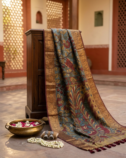 Vriksha - Hand-Painted Kalamkari Kanchipuram Silk Saree