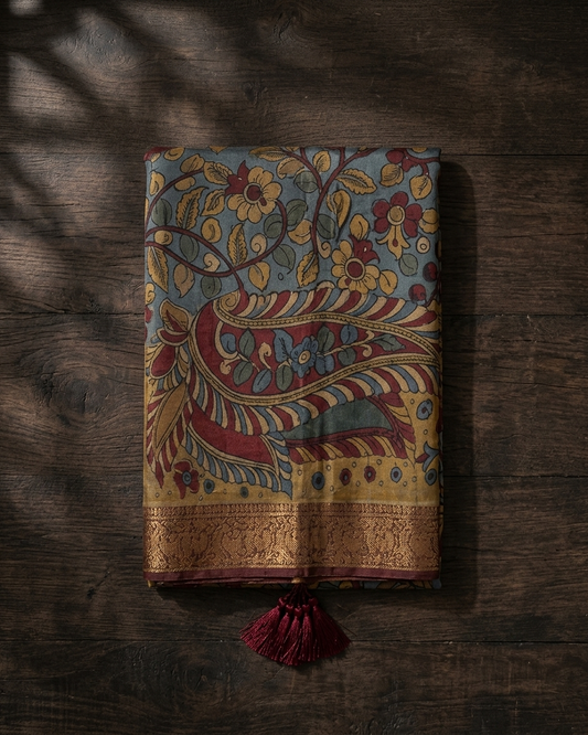 Vriksha - Hand-Painted Kalamkari Kanchipuram Silk Saree
