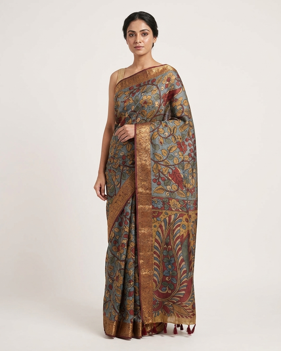 Vriksha - Hand-Painted Kalamkari Kanchipuram Silk Saree