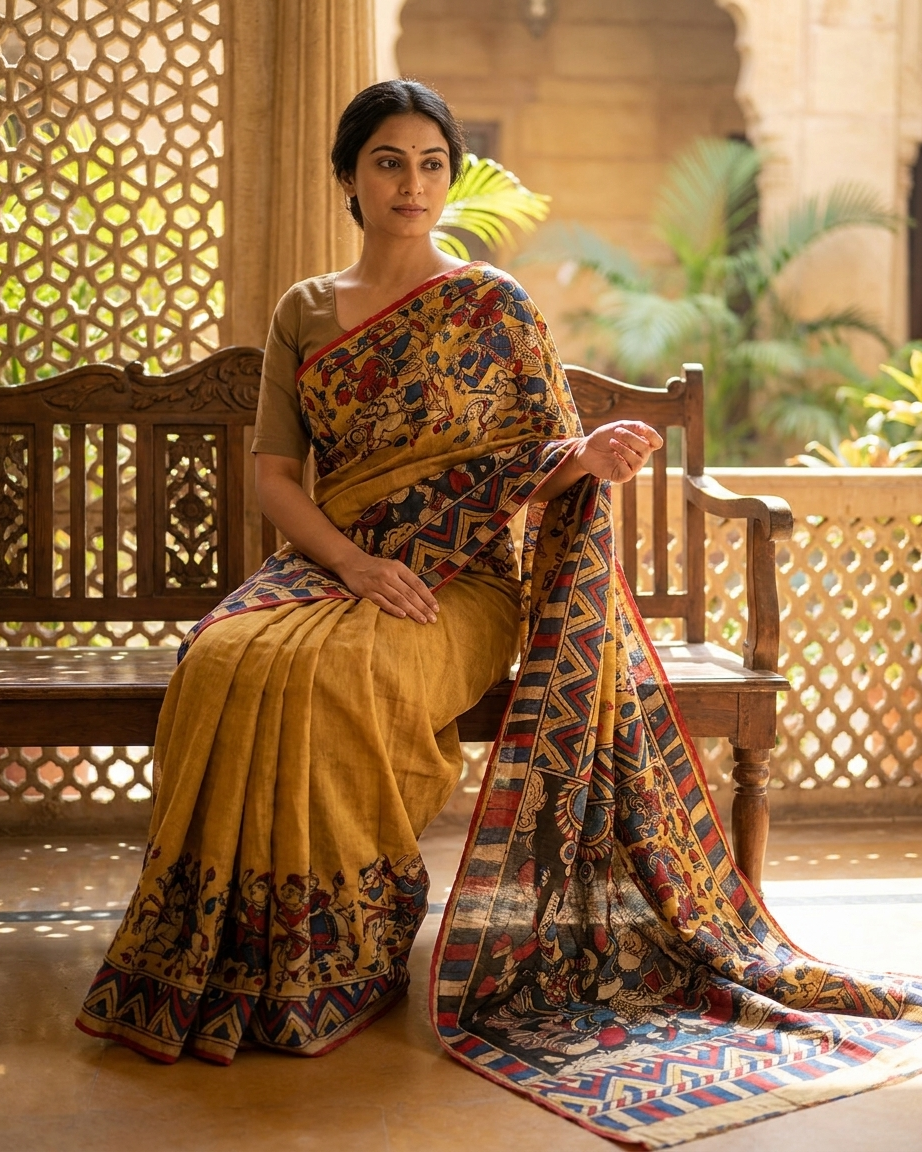 Mahagatha - Mythological Hand-Painted Tussar Kalamkari Saree