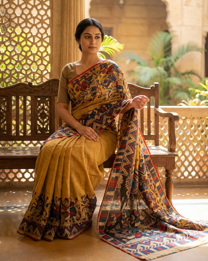 Mahagatha - Mythological Hand-Painted Tussar Kalamkari Saree