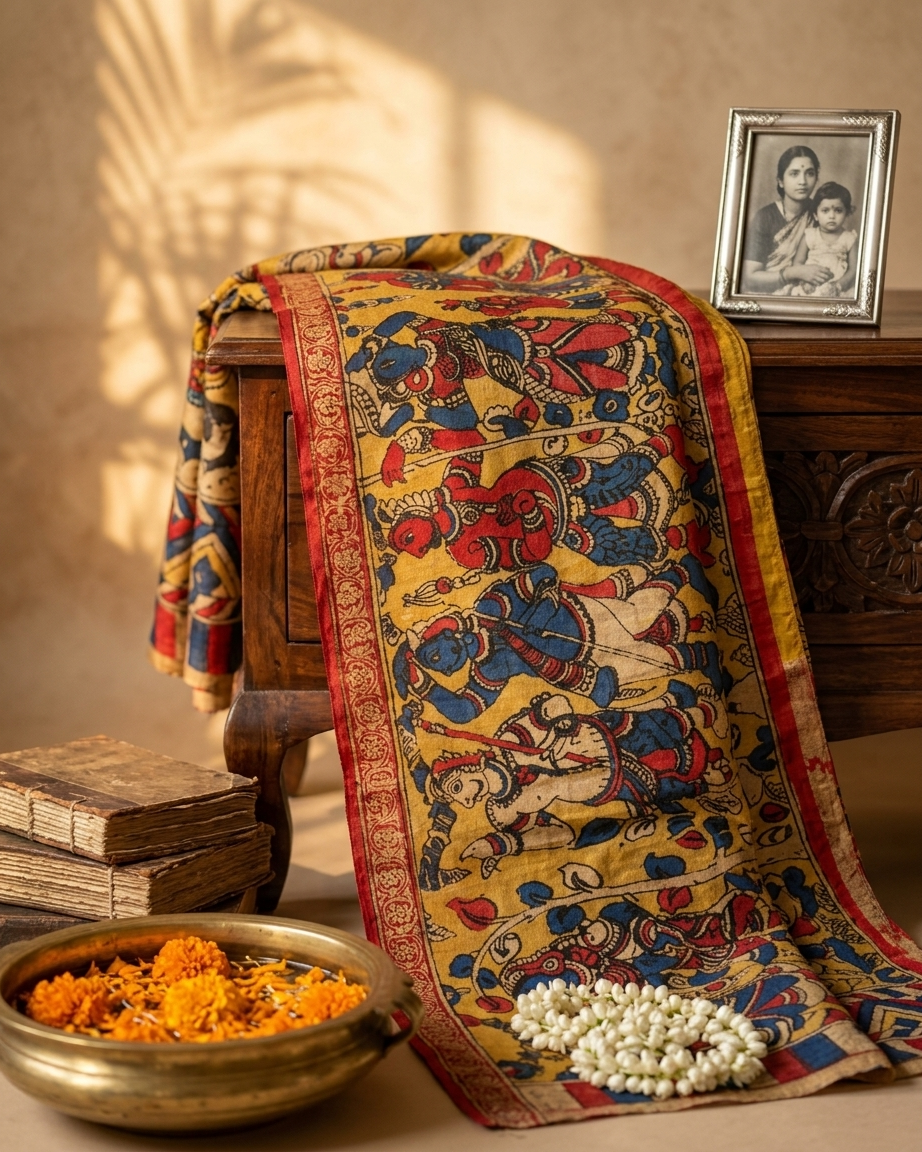 Mahagatha - Mythological Hand-Painted Tussar Kalamkari Saree
