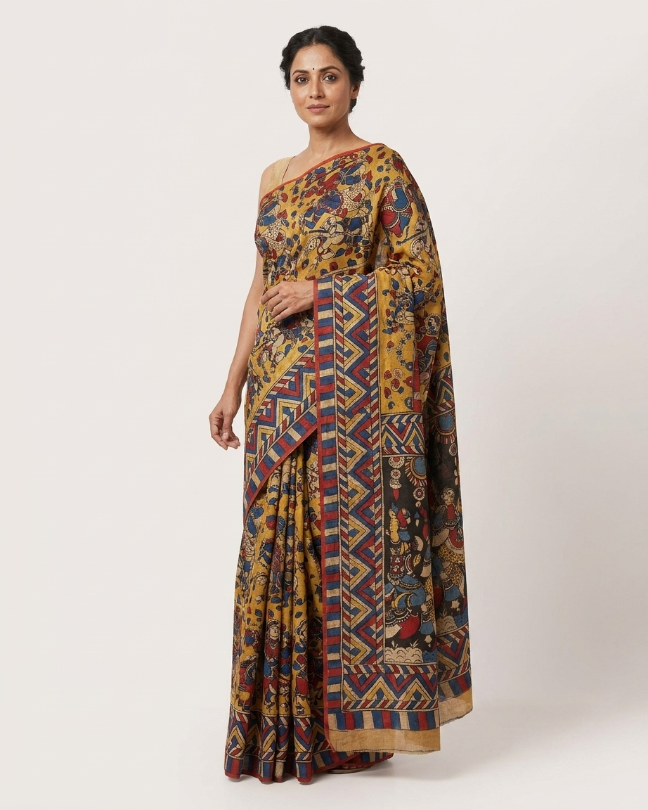 Mahagatha - Mythological Hand-Painted Tussar Kalamkari Saree