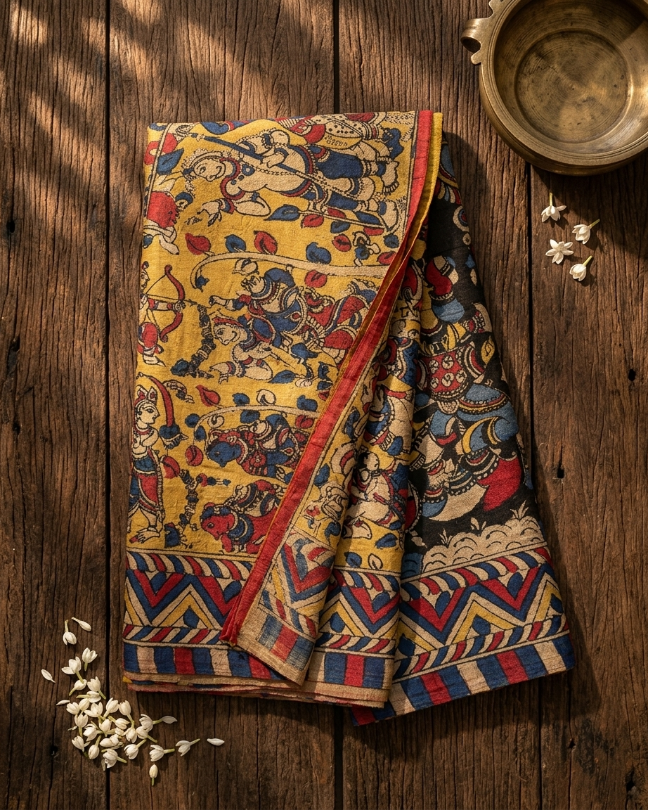 Mahagatha - Mythological Hand-Painted Tussar Kalamkari Saree