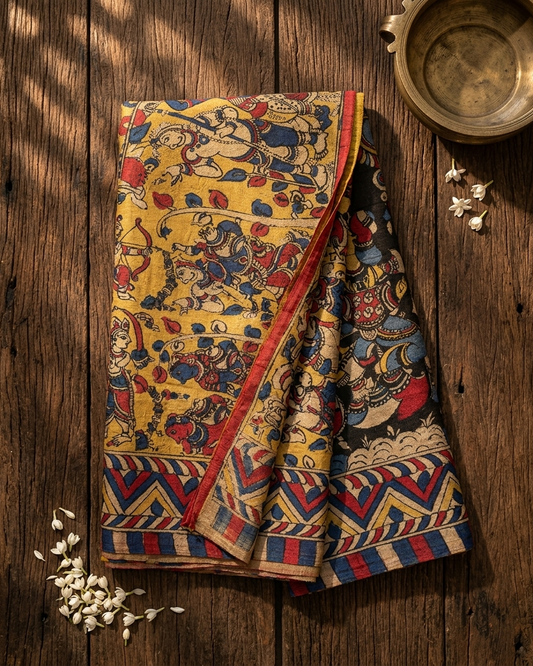 Mahagatha - Mythological Hand-Painted Tussar Kalamkari Saree