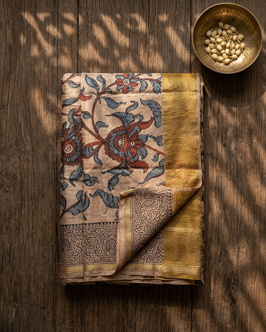 VanaLeela - Hand-Painted Pure Tussar Silk Kalamkari Saree