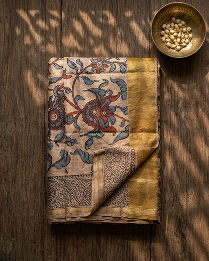 VanaLeela - Hand-Painted Pure Tussar Silk Kalamkari Saree