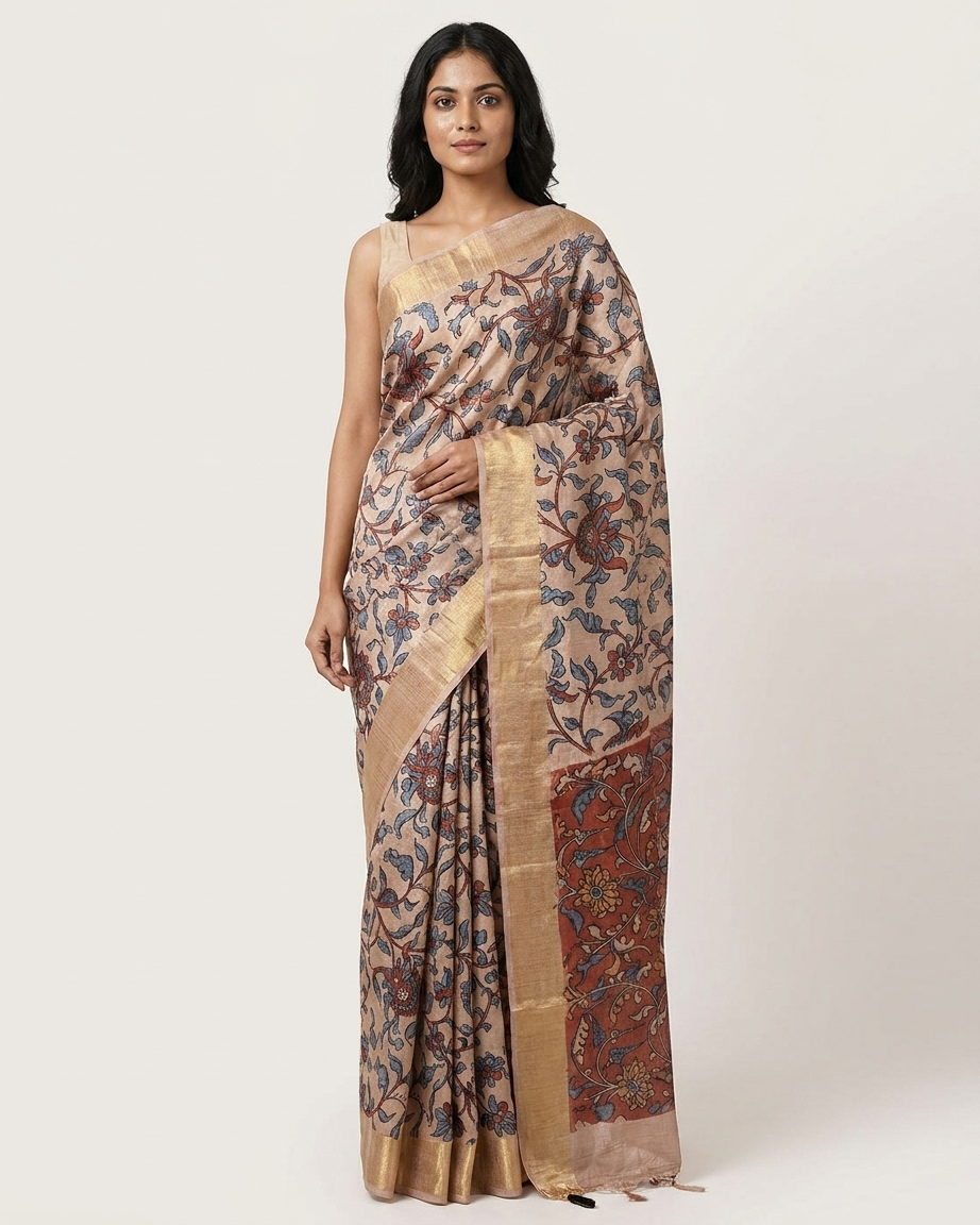 VanaLeela - Hand-Painted Pure Tussar Silk Kalamkari Saree
