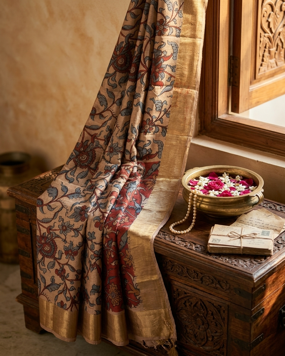 VanaLeela - Hand-Painted Pure Tussar Silk Kalamkari Saree