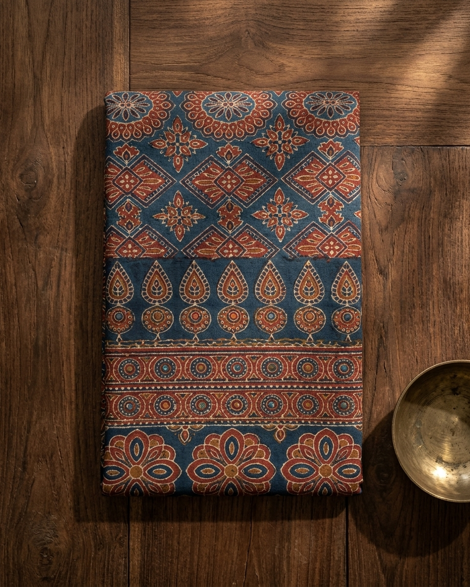 Mihira - Handcrafted Ajrakh Saree with Lambani Embroidery