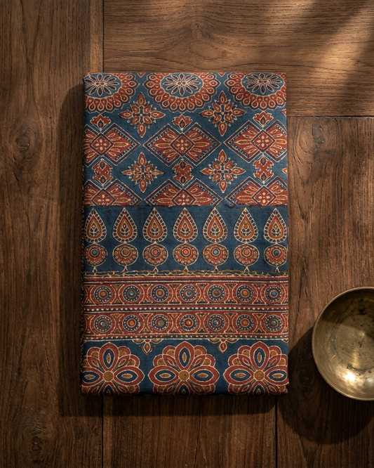 Mihira - Handcrafted Ajrakh Saree with Lambani Embroidery