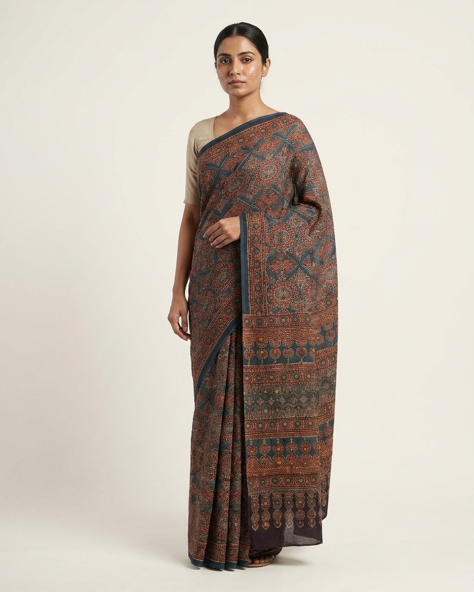 Mihira - Handcrafted Ajrakh Saree with Lambani Embroidery