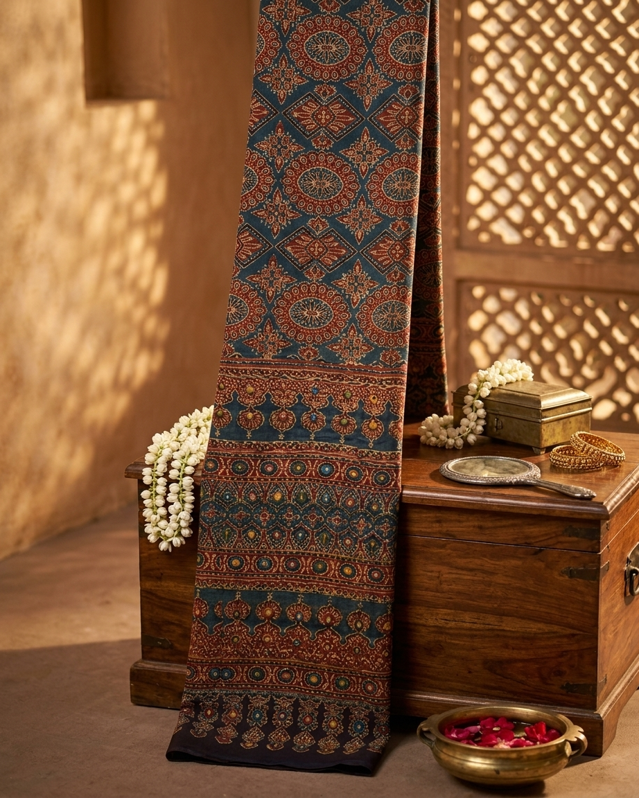 Mihira - Handcrafted Ajrakh Saree with Lambani Embroidery