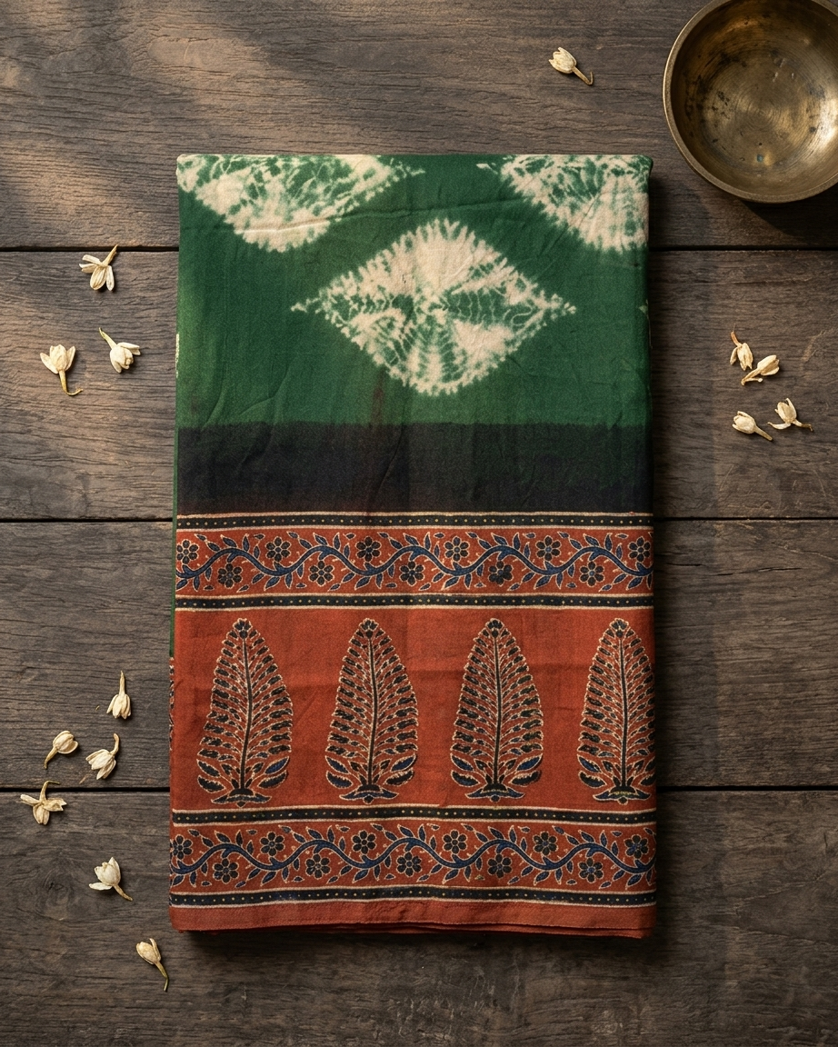 Vanya - Forest Green Tie-Dye & Block Print Saree
