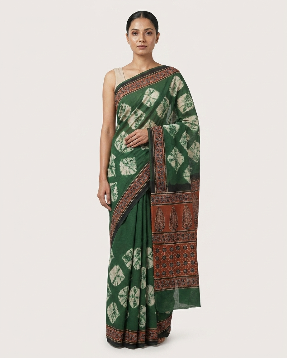 Vanya - Forest Green Tie-Dye & Block Print Saree