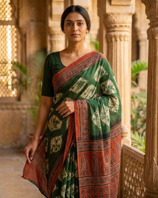 Vanya - Forest Green Tie-Dye & Block Print Saree