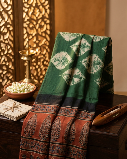 Vanya - Forest Green Tie-Dye & Block Print Saree