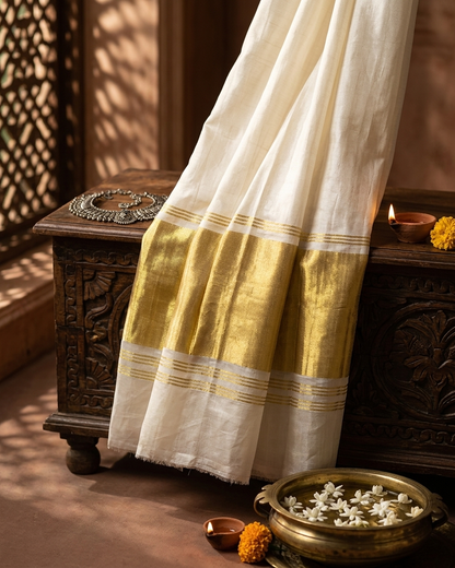 Rosaya 'Shubhra' Classic Kerala Kasavu Saree