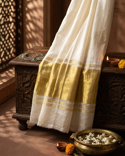 Rosaya 'Shubhra' Classic Kerala Kasavu Saree