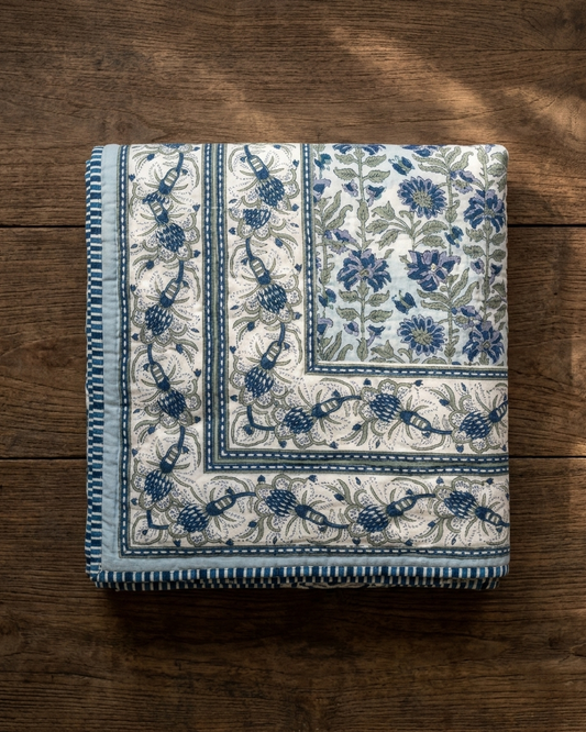 Jaipuri Hand Block Printed Cotton Dohar – Blue Floral Reversible Lightweight Quilt (AC Comfort) | Rosaya
