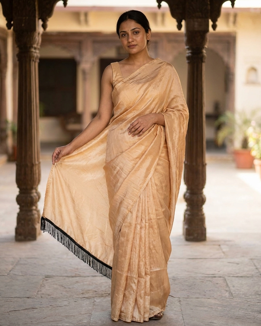 Serena - Minimalist Peach Crushed Satin Saree