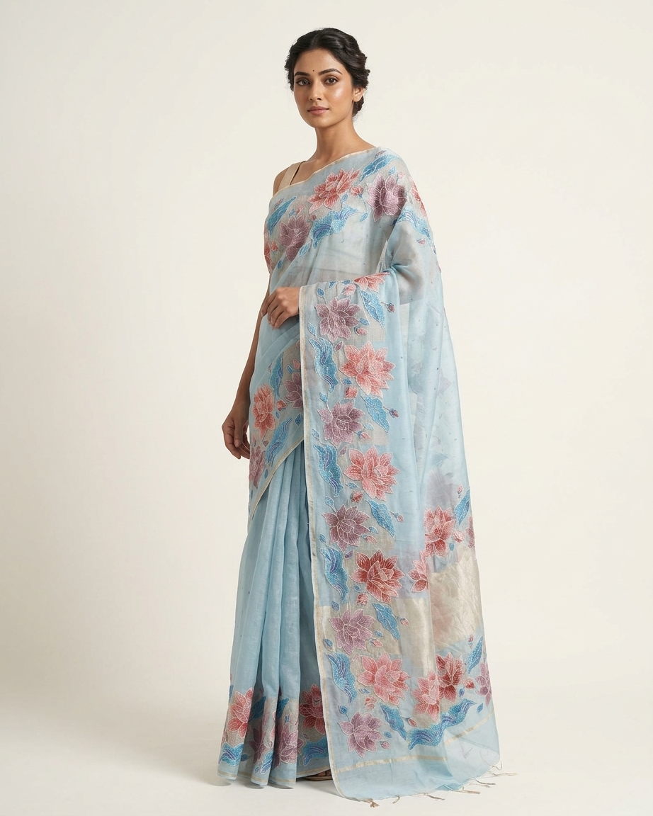 Rosaya 'Gulbahar' Multicolour Meenakari Floral Banarasi Organza Saree