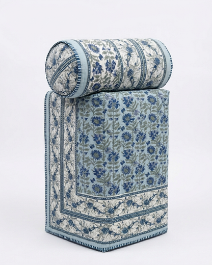 Jaipuri Hand Block Printed Cotton Dohar – Blue Floral Reversible Lightweight Quilt (AC Comfort) | Rosaya