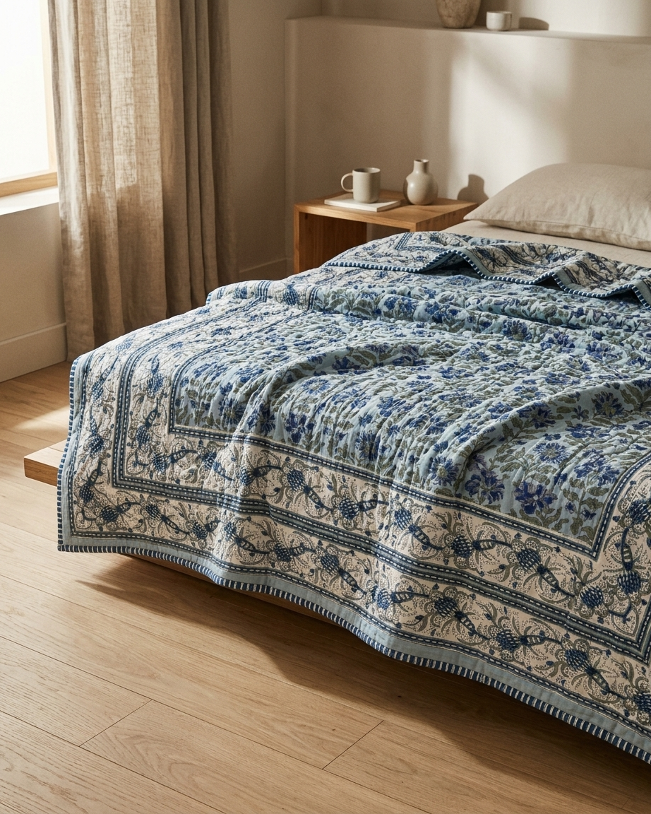 Jaipuri Hand Block Printed Cotton Dohar – Blue Floral Reversible Lightweight Quilt (AC Comfort) | Rosaya