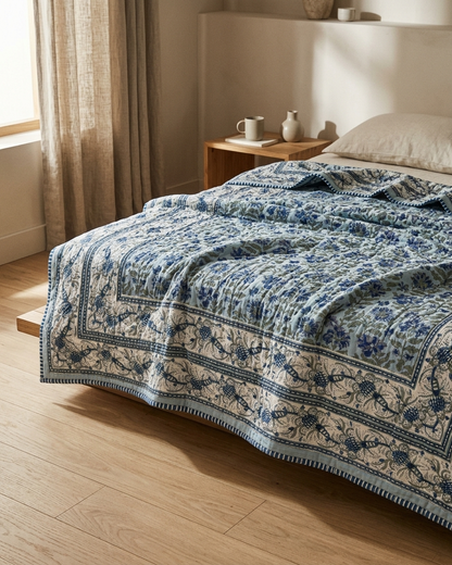 Jaipuri Hand Block Printed Cotton Dohar – Blue Floral Reversible Lightweight Quilt (AC Comfort) | Rosaya