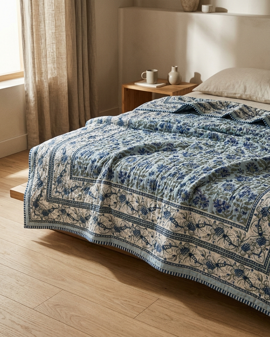Jaipuri Hand Block Printed Cotton Dohar – Blue Floral Reversible Lightweight Quilt (AC Comfort) | Rosaya