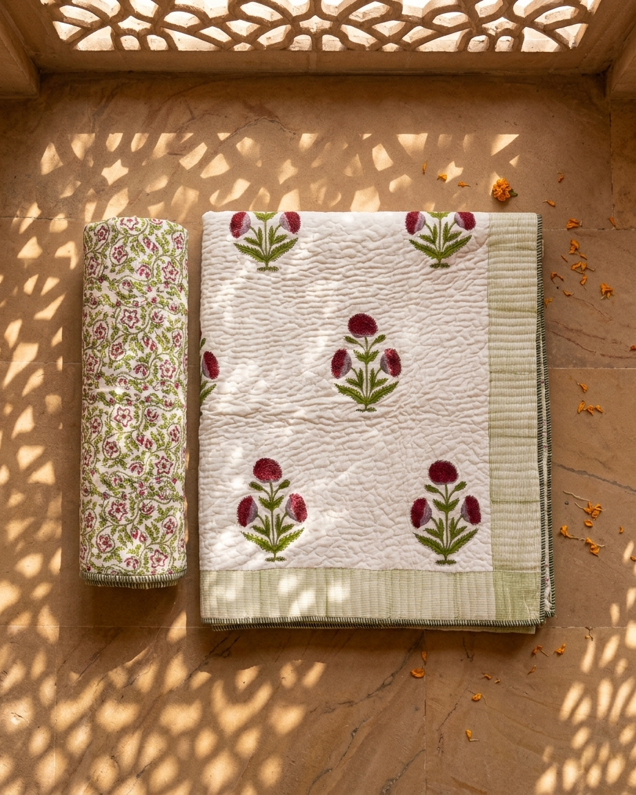Jaipuri Cotton Dohar – Hand Block Printed Floral Reversible Lightweight Quilt (Pink & Green) | Rosaya