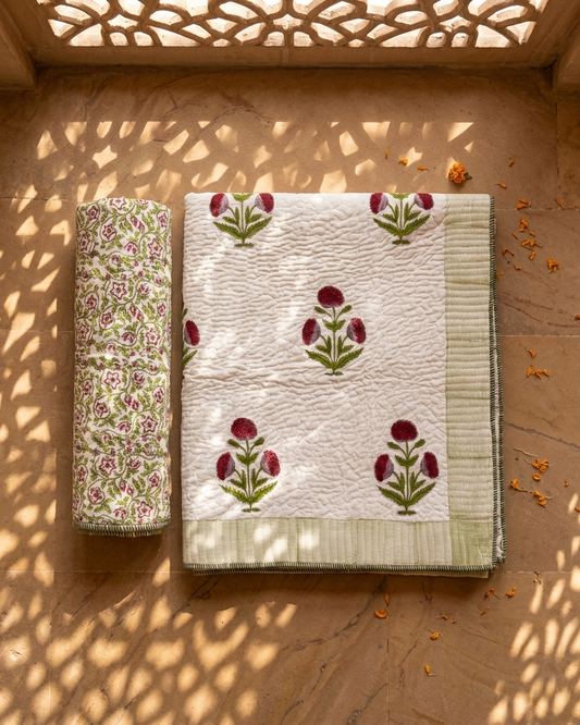 Jaipuri Cotton Dohar – Hand Block Printed Floral Reversible Lightweight Quilt (Pink & Green) | Rosaya