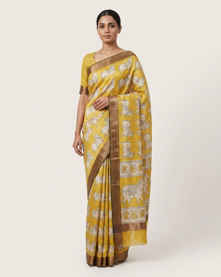 Mustard Yellow Handblock Saree with Elephant Motif & Zari Border | Traditional Cotton Silk Saree – Rosaya