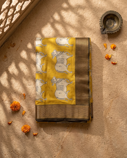 Mustard Yellow Handblock Saree with Elephant Motif & Zari Border | Traditional Cotton Silk Saree – Rosaya
