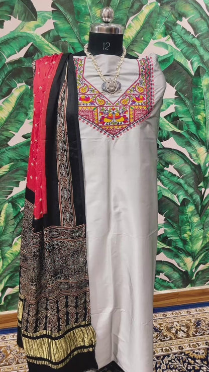 pure madhubani hand embroidery kurti with ajarak dupatta