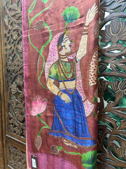 Rosaya 'Padmavati' Hand-Painted Nayika & Lotus Silk Saree with Zardosi Work