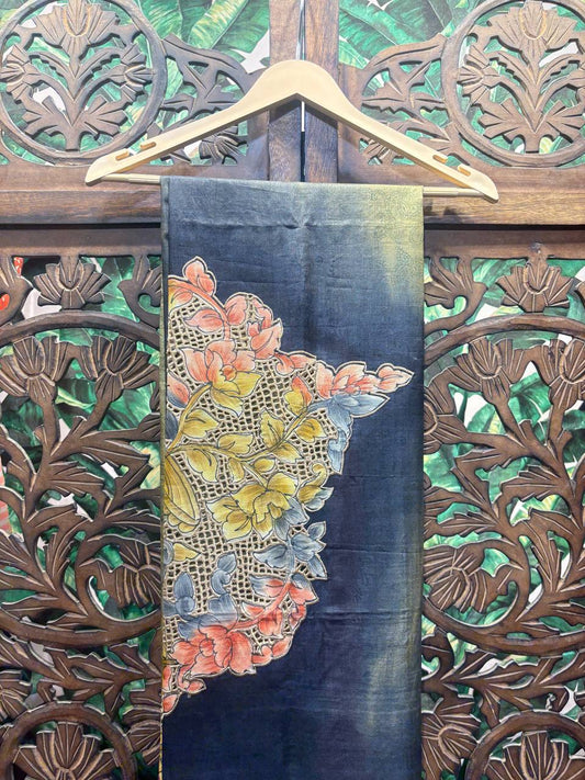 Rosaya 'Mayur-Jaal' Hand-Painted Kalamkari Tussar Silk Saree