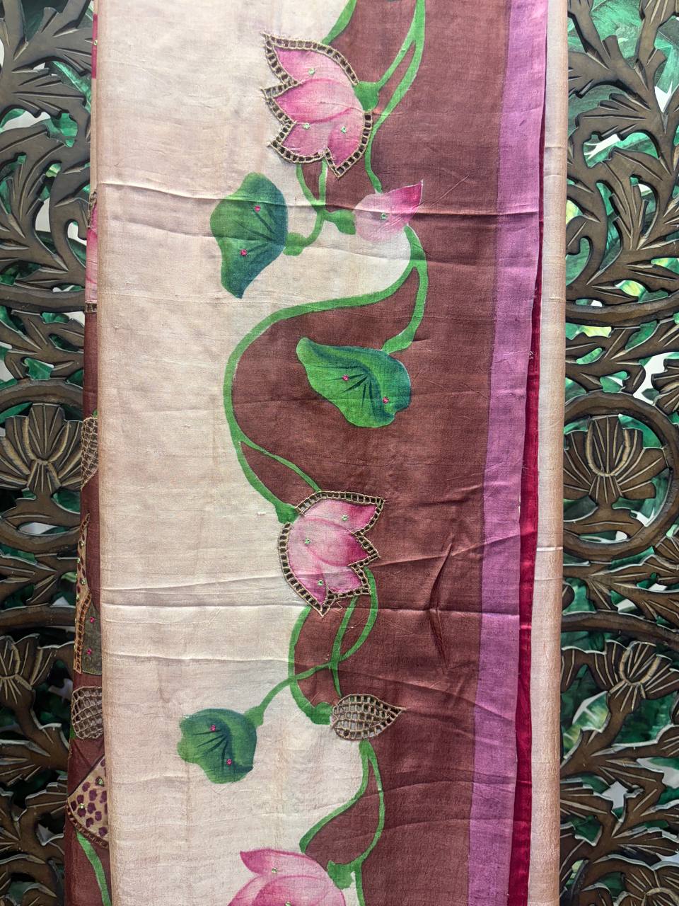 Rosaya 'Padmavati' Hand-Painted Nayika & Lotus Silk Saree with Zardosi Work