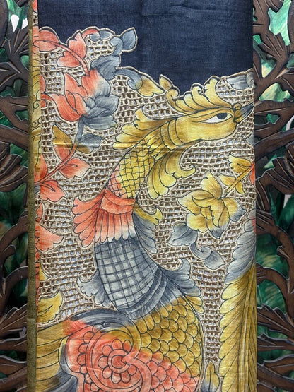 Rosaya 'Mayur-Jaal' Hand-Painted Kalamkari Tussar Silk Saree