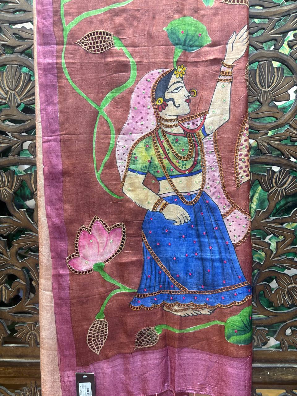 Rosaya 'Padmavati' Hand-Painted Nayika & Lotus Silk Saree with Zardosi Work