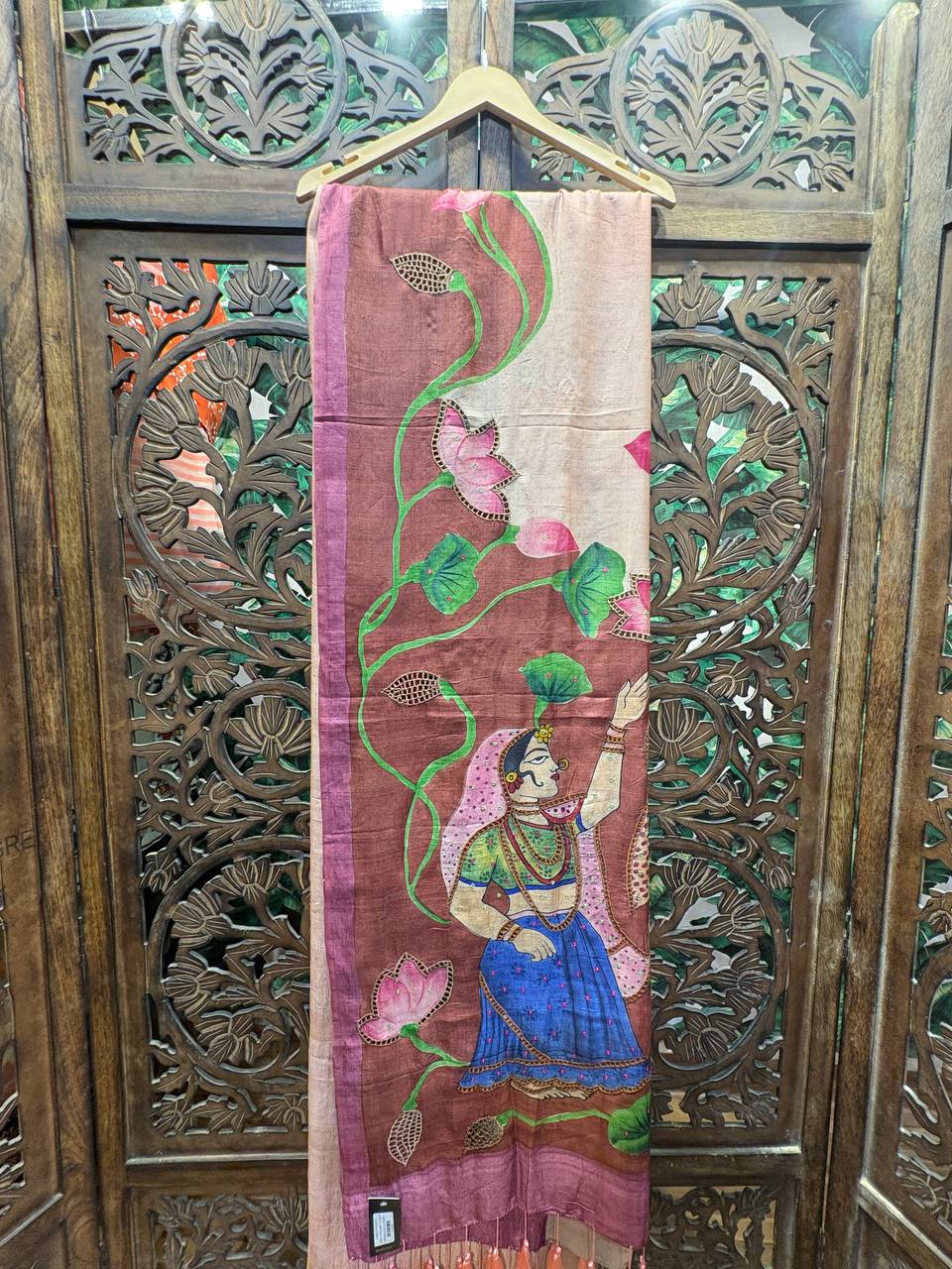 Rosaya 'Padmavati' Hand-Painted Nayika & Lotus Silk Saree with Zardosi Work