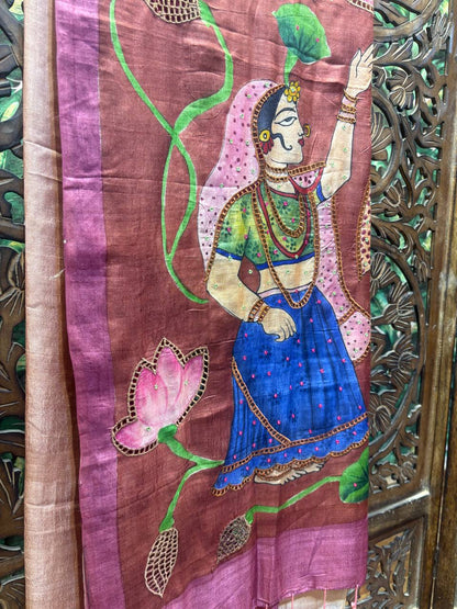 Rosaya 'Padmavati' Hand-Painted Nayika & Lotus Silk Saree with Zardosi Work